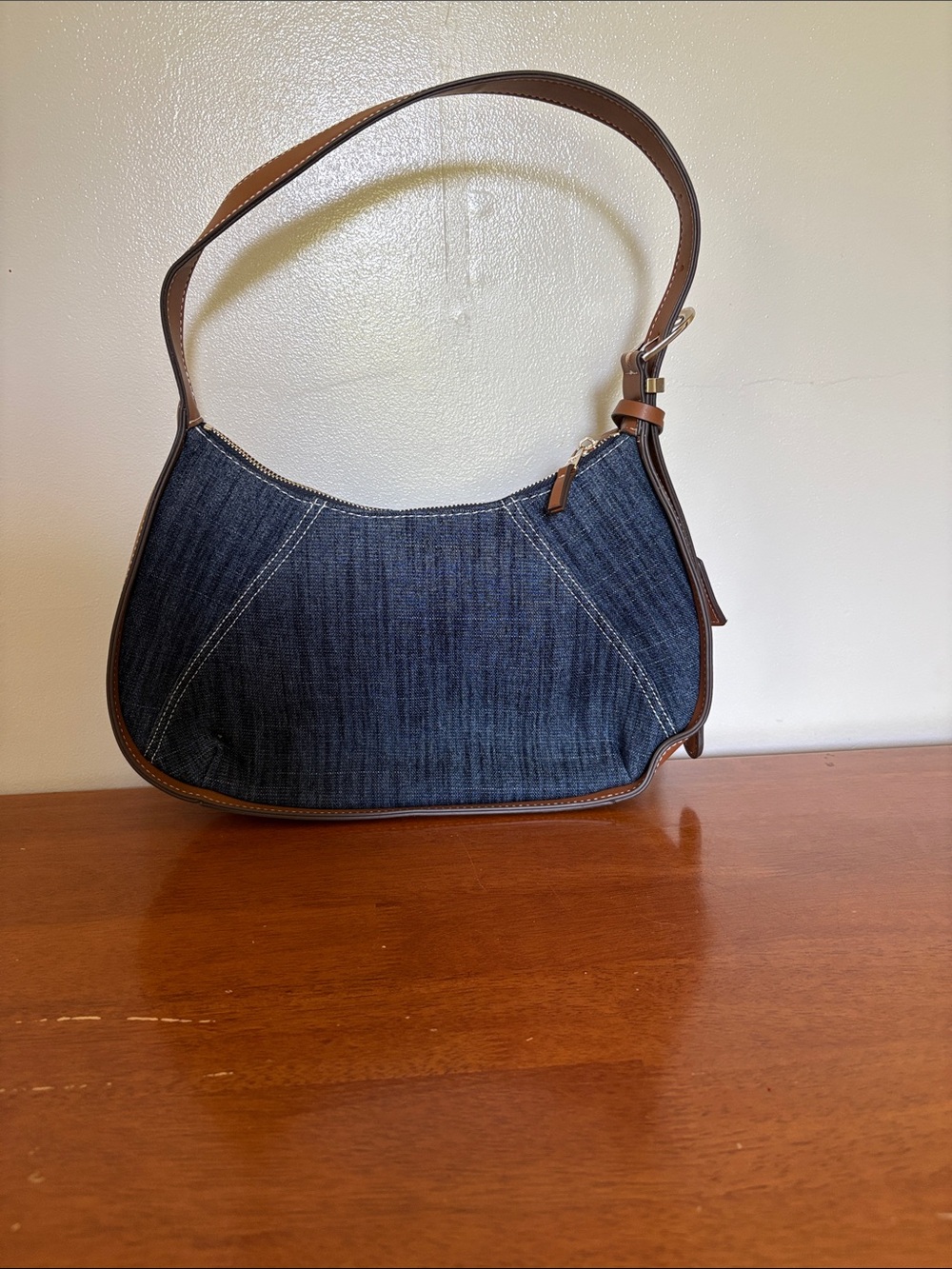 True Religion Denim Hobo Shoulder Bag in Dark Blue with Brown Trim - Picture 2 of 7